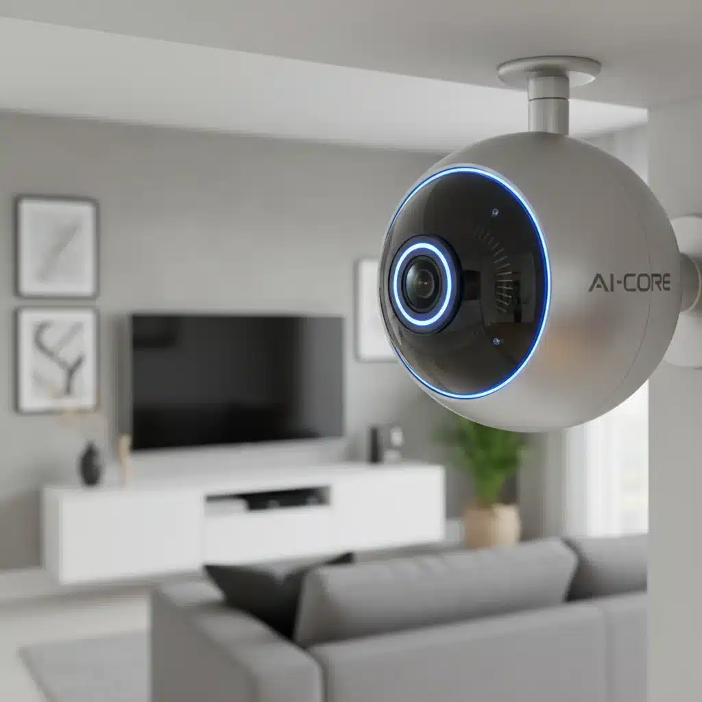 Close-up of a smart AI security camera with an active processing light in a modern home.