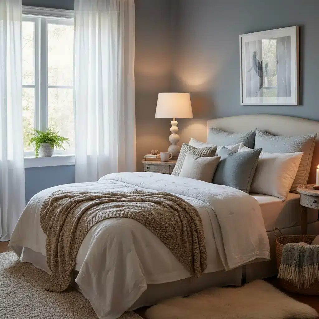 Cozy bedroom corner with soft lighting and textiles for a peaceful sleep sanctuary.