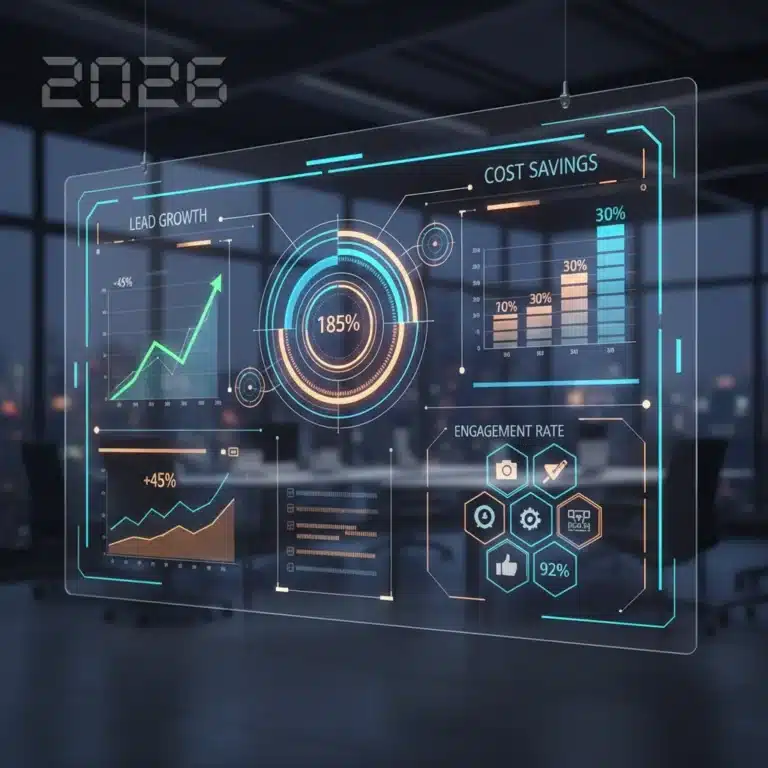 Digital marketing dashboard showing high ROI and lead growth for 2026.