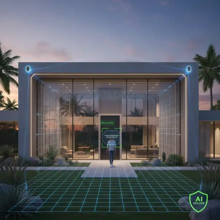 Futuristic smart home with integrated AI security cameras and digital threat analysis overlay.