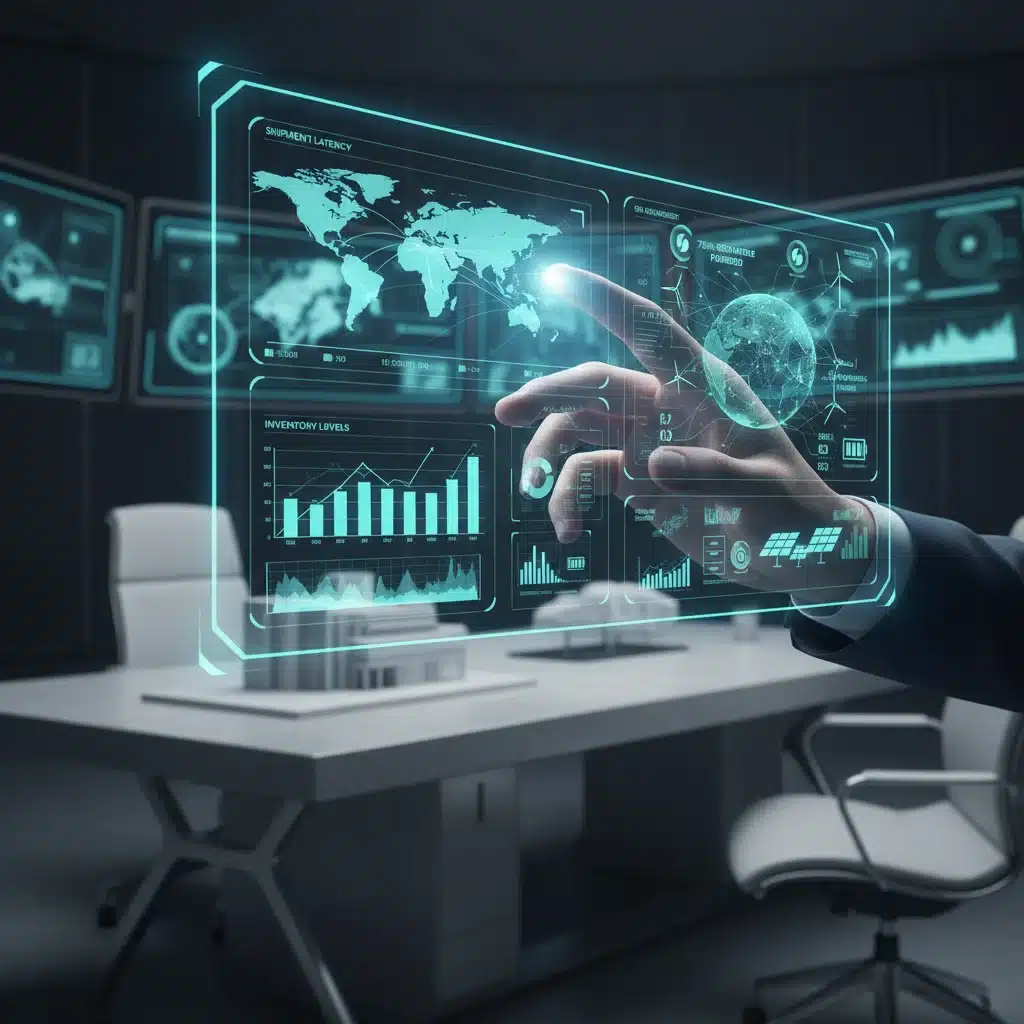 Holographic display showing sustainable supply chain data