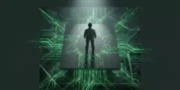 Unpacking Growth Architectures: A Comparative Analysis of Modern Business Strategies An individual observes glowing green data streams representing agile business strategies in a dynamic, industrial landscape.