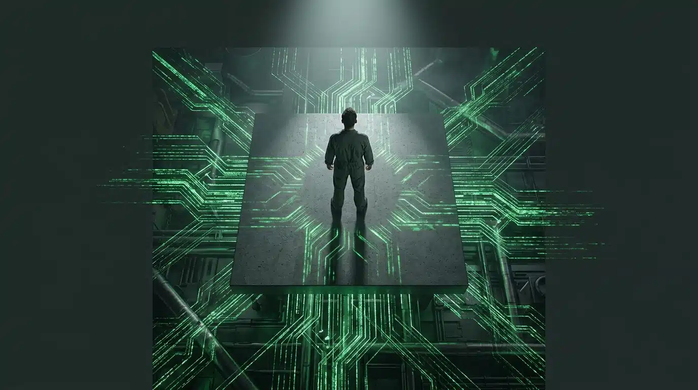 An individual observes glowing green data streams representing agile business strategies in a dynamic, industrial landscape.
