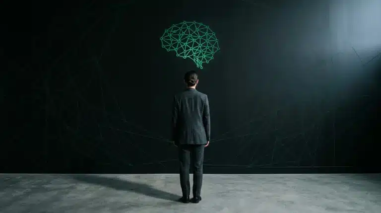 A person viewed from behind, standing before a geometrically patterned matte black wall, with an emerald green neural network light projection, symbolizing the neuroscience of decision-making in modern living.