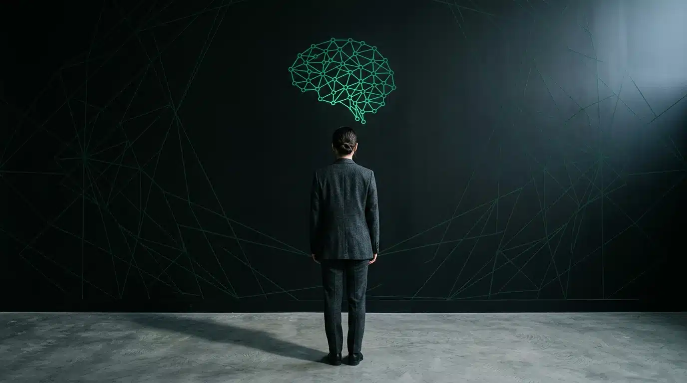 A person viewed from behind, standing before a geometrically patterned matte black wall, with an emerald green neural network light projection, symbolizing the neuroscience of decision-making in modern living.