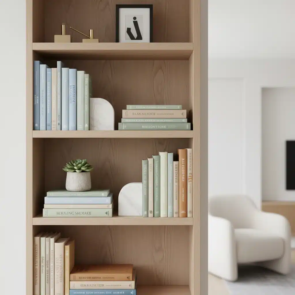 Organized bookshelf with minimalist decor and a potted plant, representing decluttering.