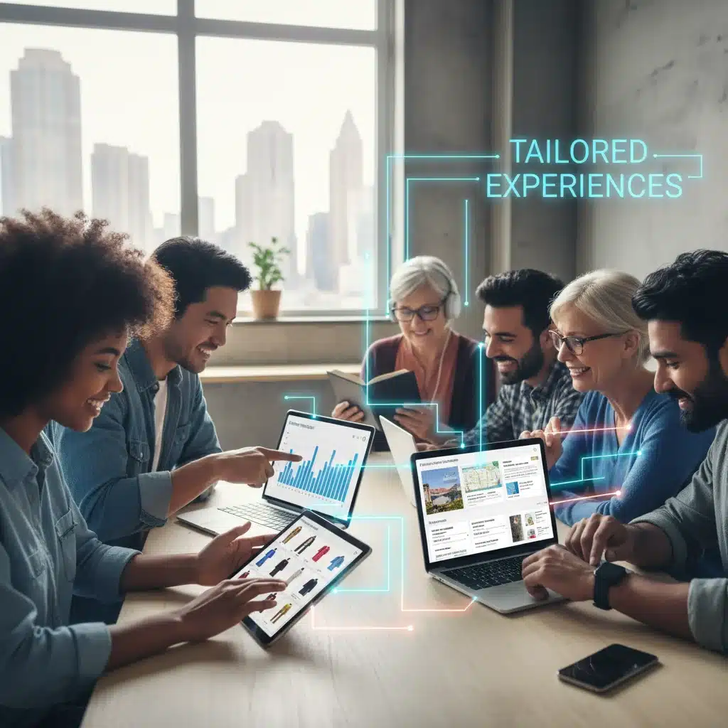 Diverse individuals engaging with personalized digital content on multiple devices.