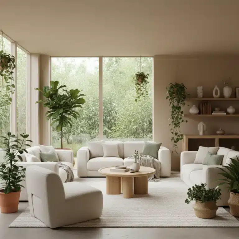 Serene living room with natural light and plants creating a calming home oasis.