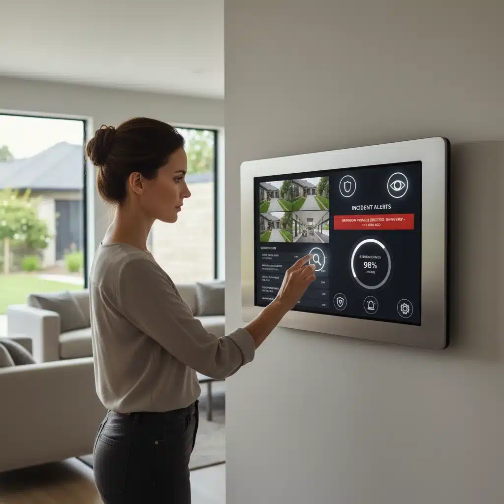 Homeowner checking AI security system status on a smart home control panel.