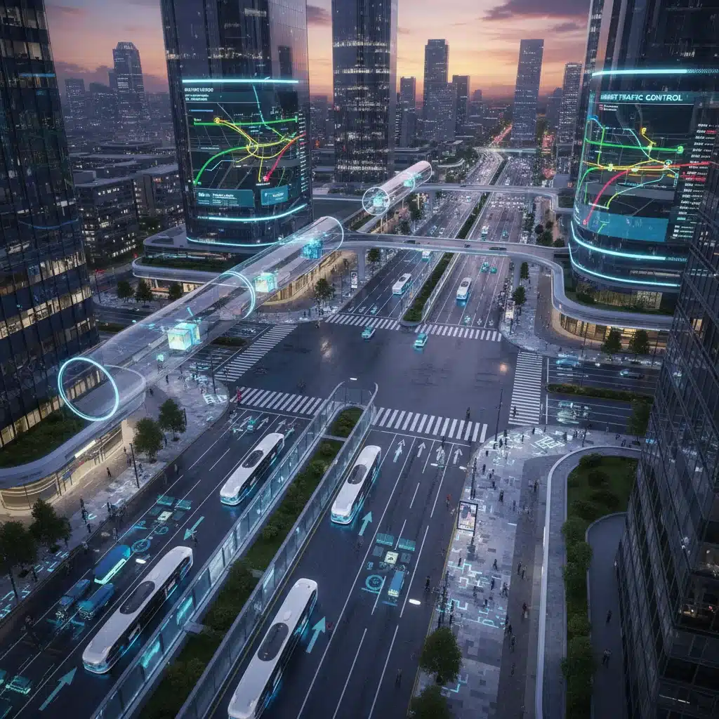 Smart city intersection with intelligent traffic management and autonomous shuttles.
