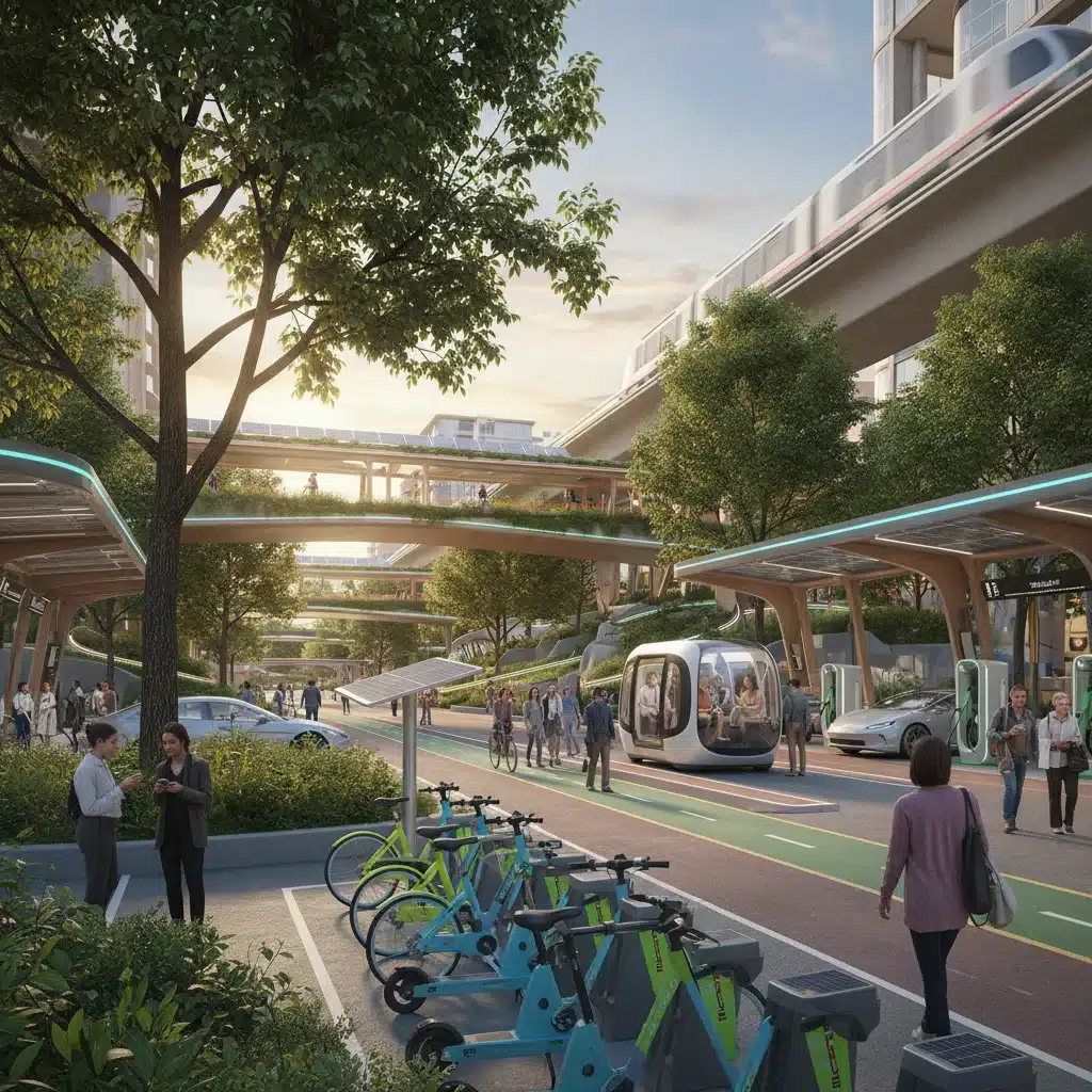 Multi-modal transportation hub in an urban park with electric bikes, scooters, and autonomous pods.